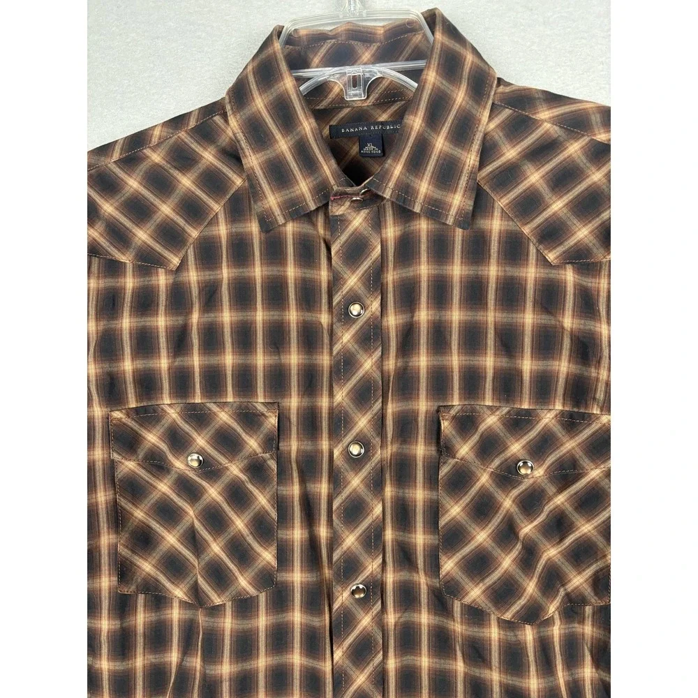 Banana Republic Shirt Mens XL Brown Plaid Western Pearl Snap Casual Long Sleeve